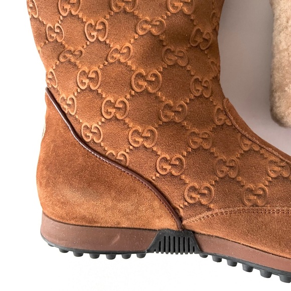 GUCCI | Apres Brown Suede Shearling GG Monogram Web Stripe Ankle Ski Boot EU36.5 - Picture 9 of 15